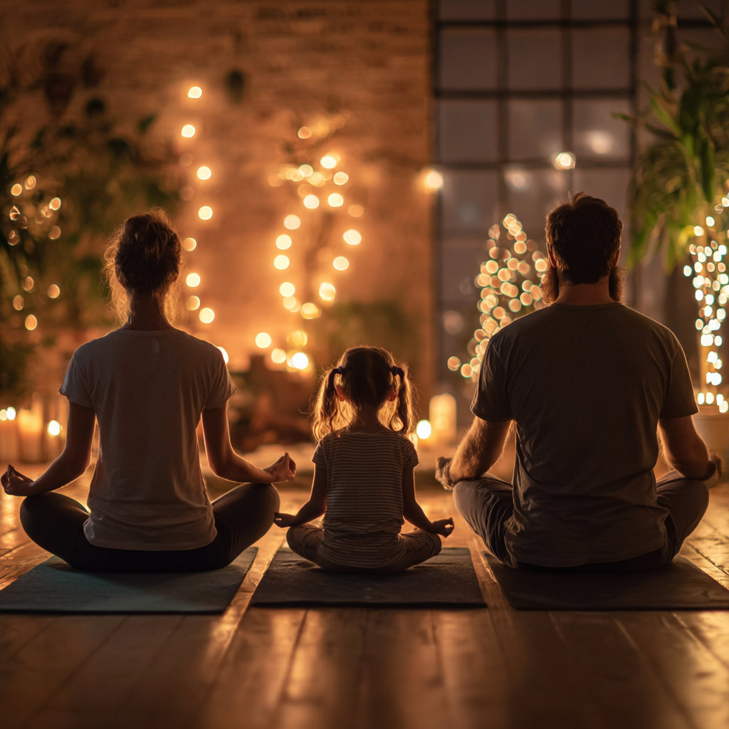 Сім'я практикує йогу разом у затишній атмосфері