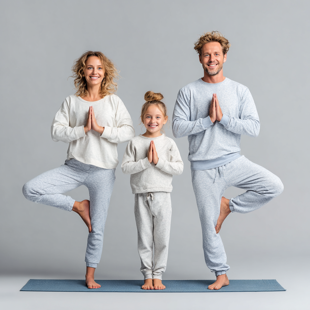 Щаслива сім'я після заняття йогою посміхається